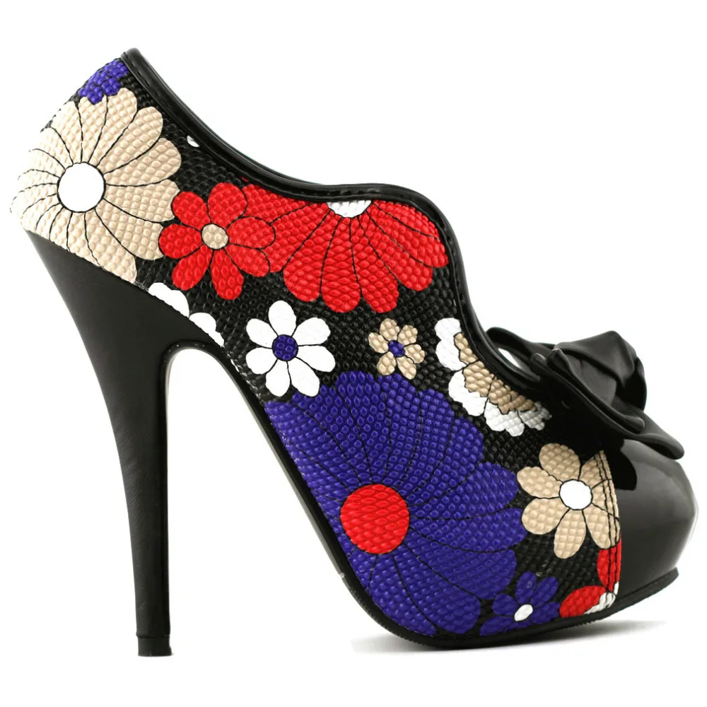 

LF30447 New Sexy 60s Bow Multi color Floral Print Hidden Platform High Heel Ankle Boots