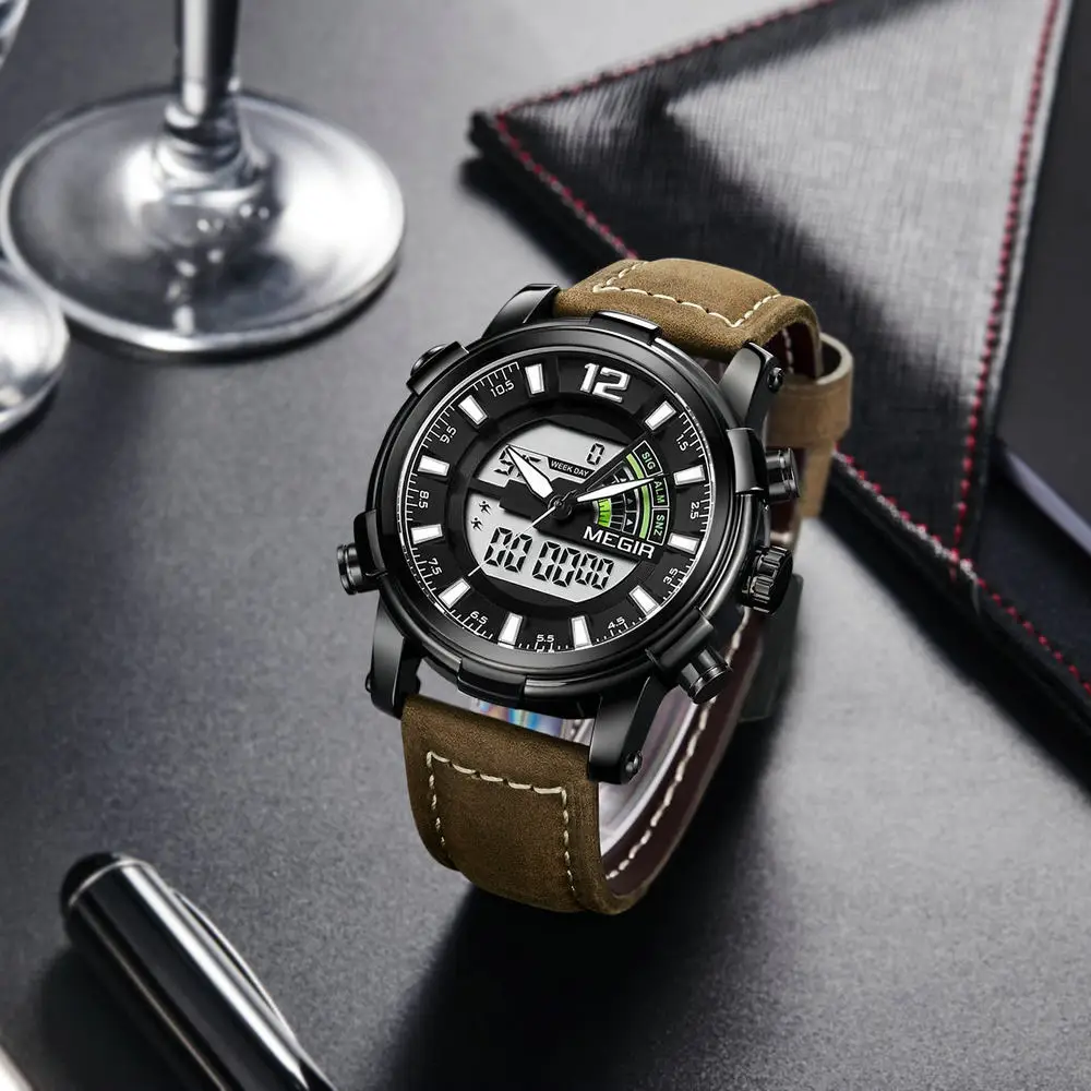 MEGIR Top Brand Luxury Digital Watch Men Quartz Clock 2 Time Zone Alarm