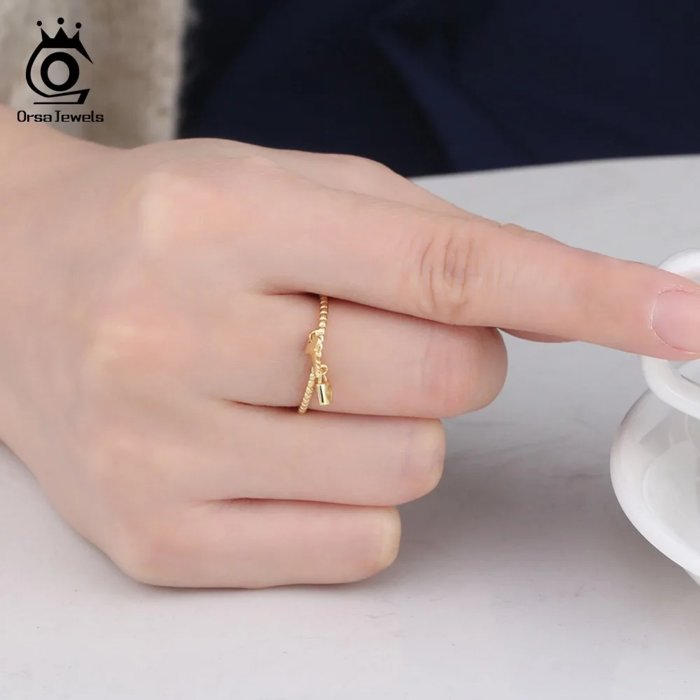 ORSA JEWELS Solid 925 Sterling Silver Rings For Women Key With Lock Shape 6MM Gold-color Luxury Shiny Female Party Jewelry SR104