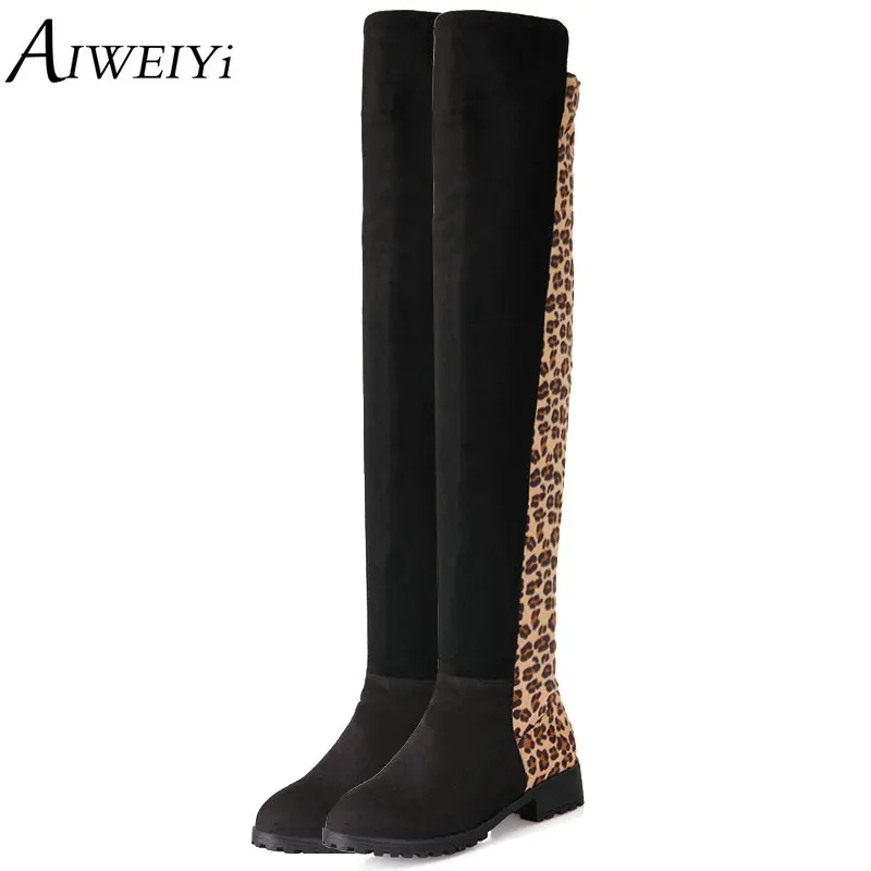 

AIWEIYi 2018 Ladies Shoes Square Low Heel Women Over The Knee Boots Leopard Print Round Toe Woman Motorcycle Boots Size 34-43