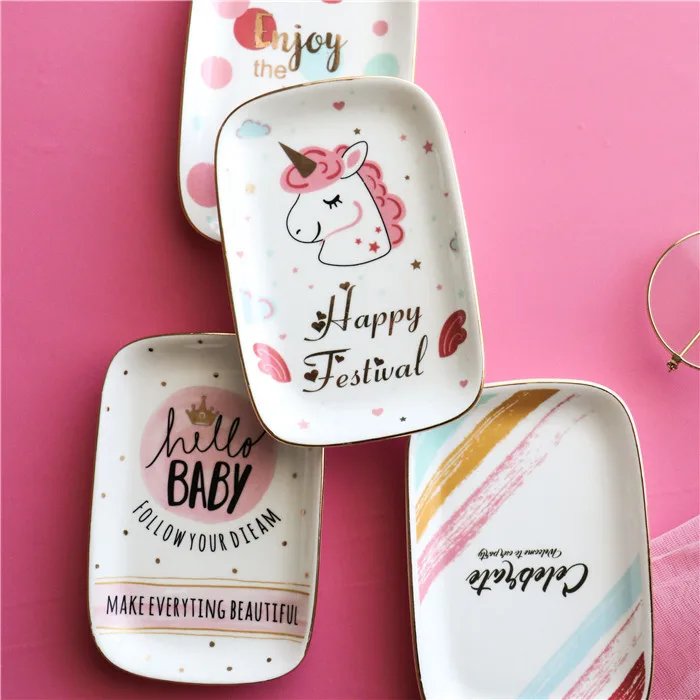 

Rainbow Unicorn Plate Dish Ceramic Rectangle Dessert Food Plate Jewelry Dish Watch Ring Necklace Storage Tray Table Decoration