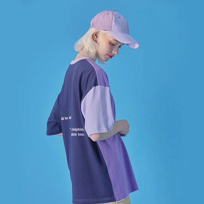 

Korean designer brand Harajuku style dolphin print color matching loose round neck t-shirt