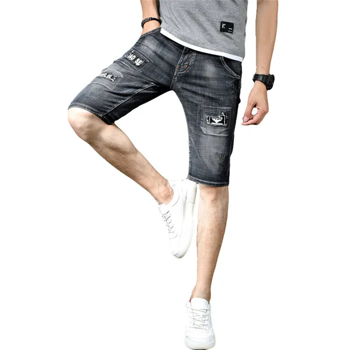 Летние мужские s повседневные из хлопка, с заплатками джинсовые шорты мужские шорты с буквами мужские мягкие эластичные короткие брюки большого размера 36 38, T6812