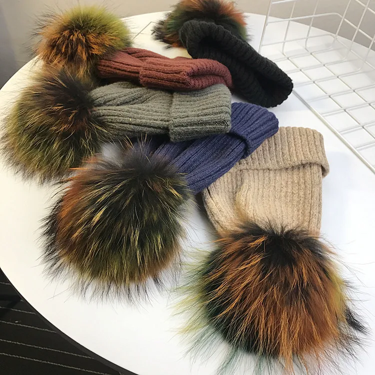 

KNB047 Children's Winter Rainbow Genuine Fur Pompoms Wool Knitted Hat Kids Detachable Fur pom pom Knit Caps Beanies Skullies