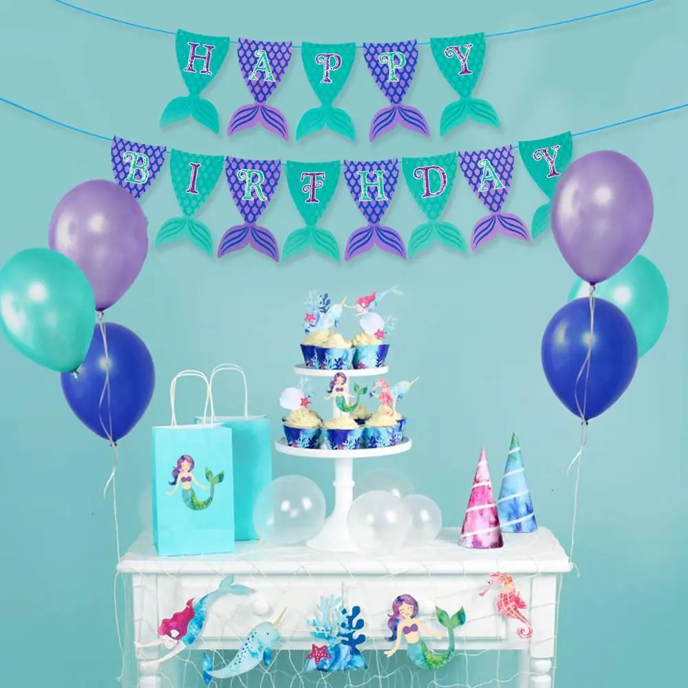 QIFU Mermaids Party Decor Drinking Straw Paper Napkins Disposable Paper Cups Flag Banner Paper Plates Wedding Birthday Supplies