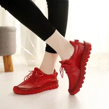 Женская обувь на плоской платформе Пояса из натуральной кожи Кружево на шнуровке круглый носок Женская повседневная обувь для Для женщин