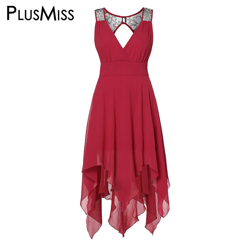 

PlusMiss Plus Size 5XL Hollow Out Tank Chiffon Midi Party Dress Women Big Size XXXXL XXXL XXL Summer Asymmetrical Sundress 2019