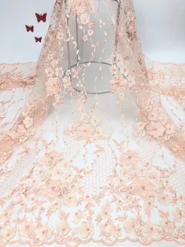 

(5yards/lot) beautiful embroidered French net lace 3D flowers appliqued African tulle lace fabric with beads for dress ZL224