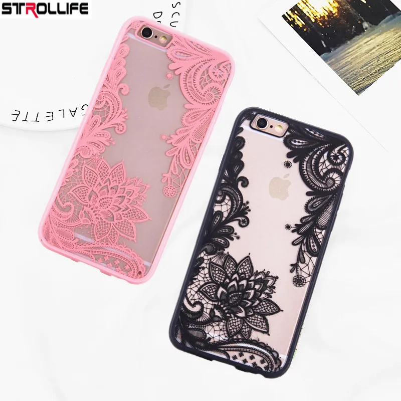 

STROLLIFE Sexy Lace Flower Phone Cases For iPhone 8 Retro Mandala Floral Clear Back Cover For iphone 7 8 7Plus 5 6 6S Plus Capa