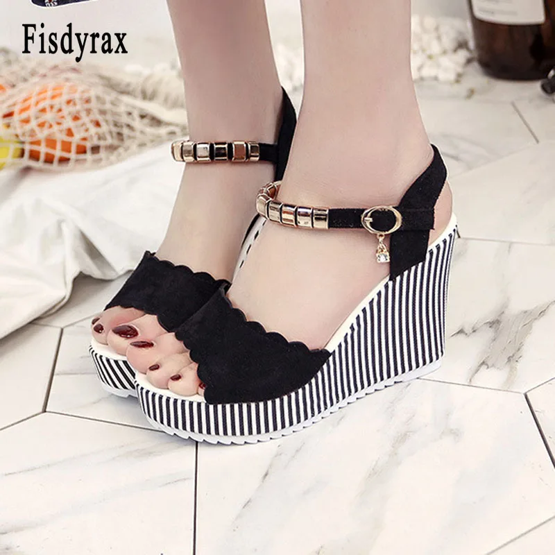 

Fisdyrax 2018 Women sandals summer Fish Mouth Rhinestone Platform High Heels Buckle Slope party Sandals