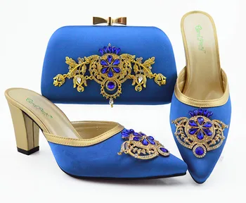 

Royal blue italian shoes and bag matching set for african aso ebi party middle heel 3.5 inches slippers shoes clutches SB8384-9