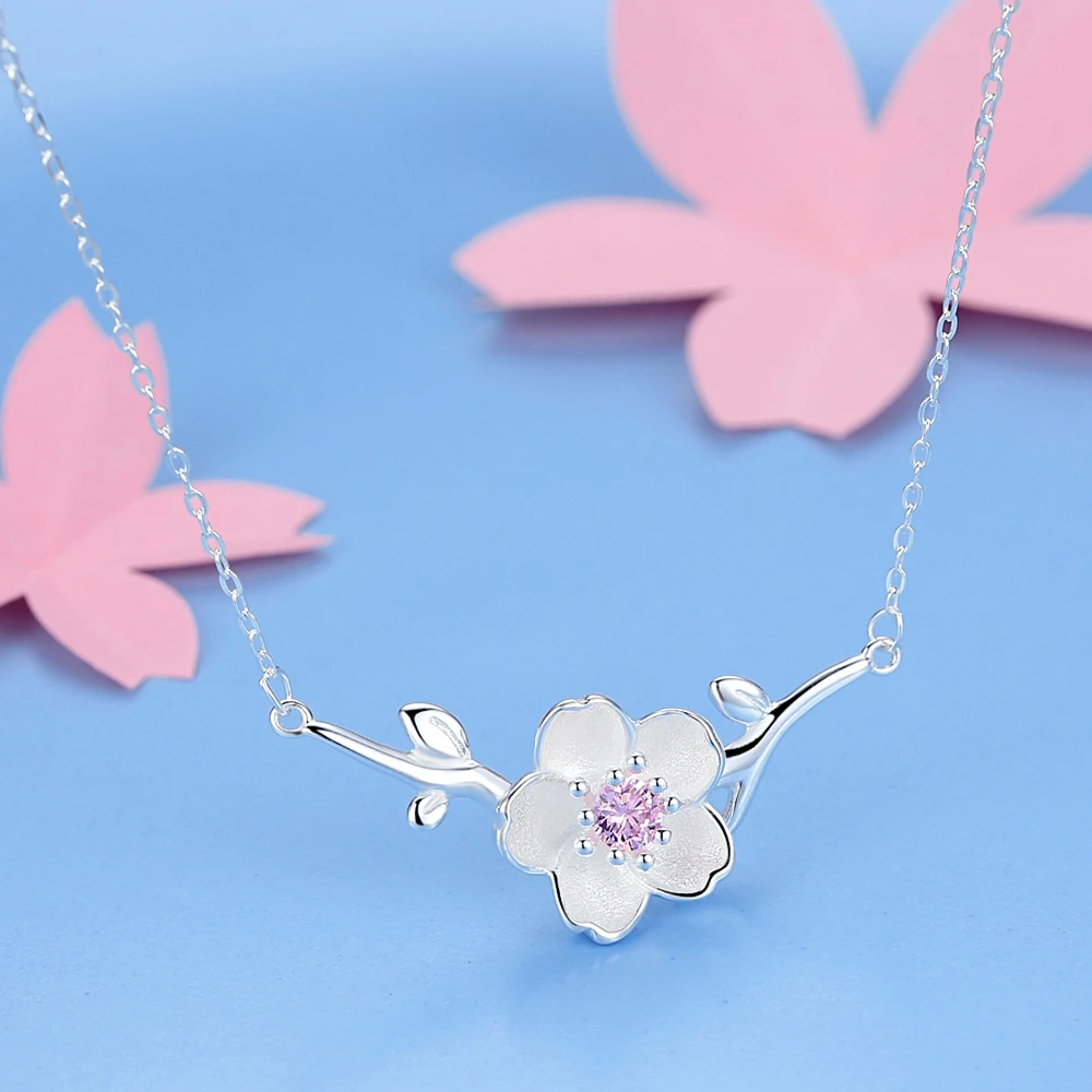 New Arrival 925 Sterling Silver Fashion Zircon Sakura Necklaces