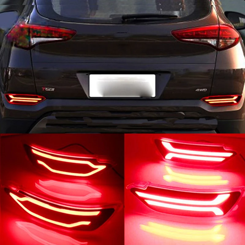 

castaleca Multi-function Rear Fog Lamp Brake Light LED Rear Bumper Turn Signal Reflector Red two styles for 2015 2016