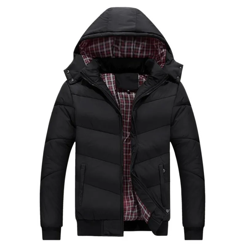 Мужской осенний и зимний пуховик со съемным капюшоном, модная однотонная теплая хлопковая куртка, пальто большого размера - Цвет: Черный