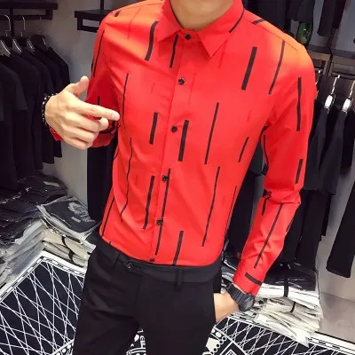 Высококачественная Мужская рубашка, корейский бренд, новинка, приталенная, с принтом, деловая, рабочая рубашка, мужская, с длинным рукавом, в полоску, повседневная, мужская рубашка, 5XL-S - Цвет: Красный