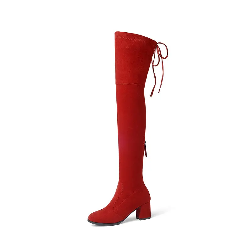 Сапоги до бедра на не сужающемся книзу массивном каблуке; женские эластичные сапоги; женские Сапоги выше колена; цвет красный, черный; Зимние удобные женские туфли; сапоги с квадратным носком - Цвет: Красный
