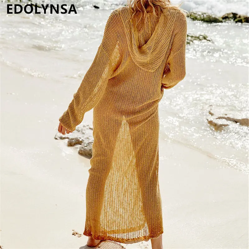 

2019 Long Knitted Beach Dresses Hoodie Pareo de Plage Swimsuit cover Up Beach wear Pareos de Playa Mujer Bikini Cover up #Q727