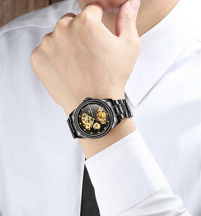 FNGEEN Лидирующий бренд мужские часы спортивные механические часы модные черные из нержавеющей стали Автоматический намотчик черные мужские наручные часы 8818