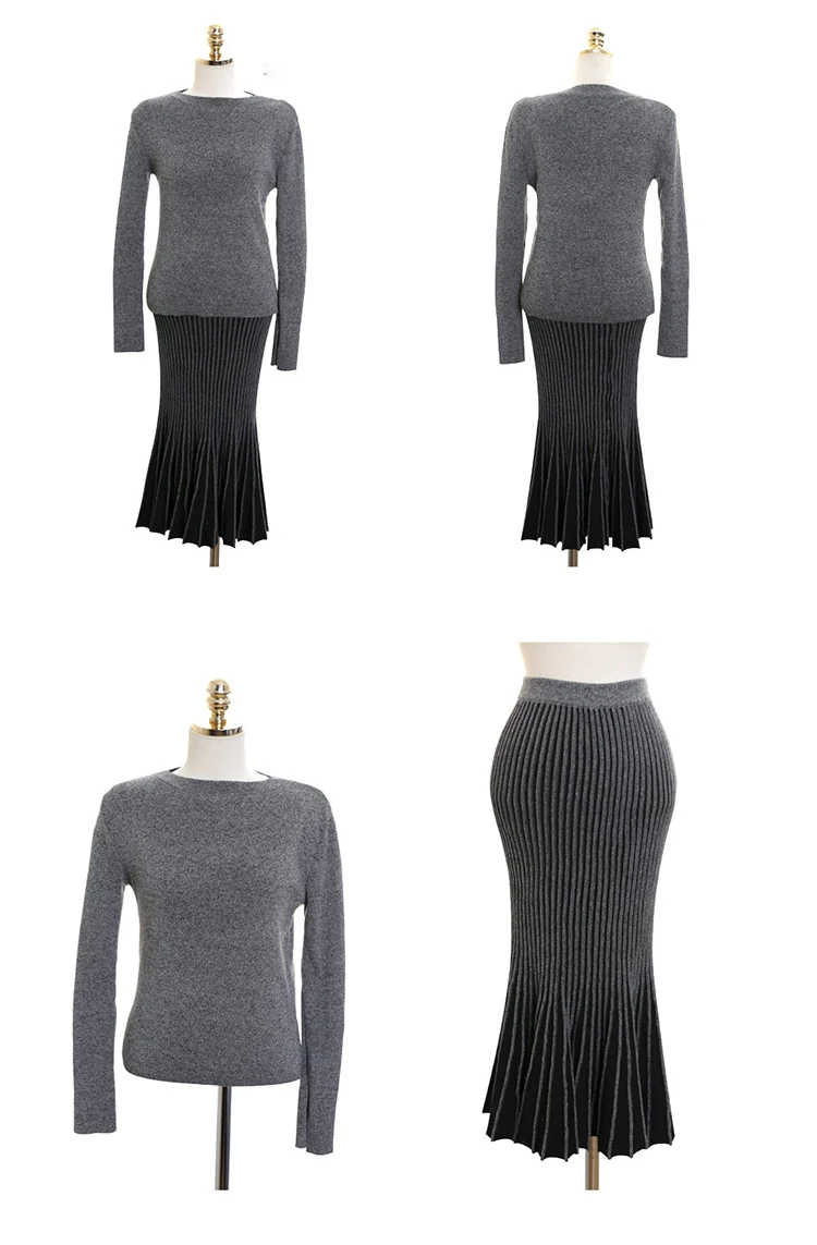Новинка, осенний комплект из двух предметов, Женский пуловер, вязаный свитер+ высокая талия, вязанная плиссированная юбка, женские модные элегантные костюмы