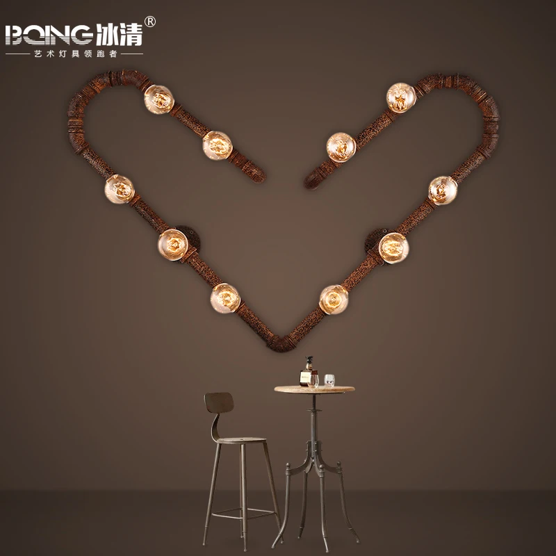 

American industrial corridor Bar Cafe Vintage iron pipe heart-shaped decoration wall lamp