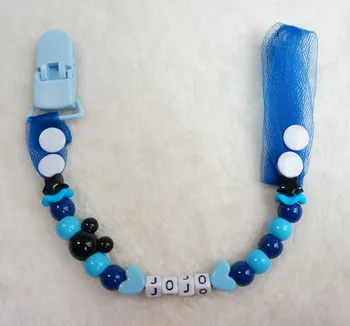 

MIYOCAR Personalised-Any name new style blue gauze with blue and mouse head beads dummy clip holder pacifier clip holder