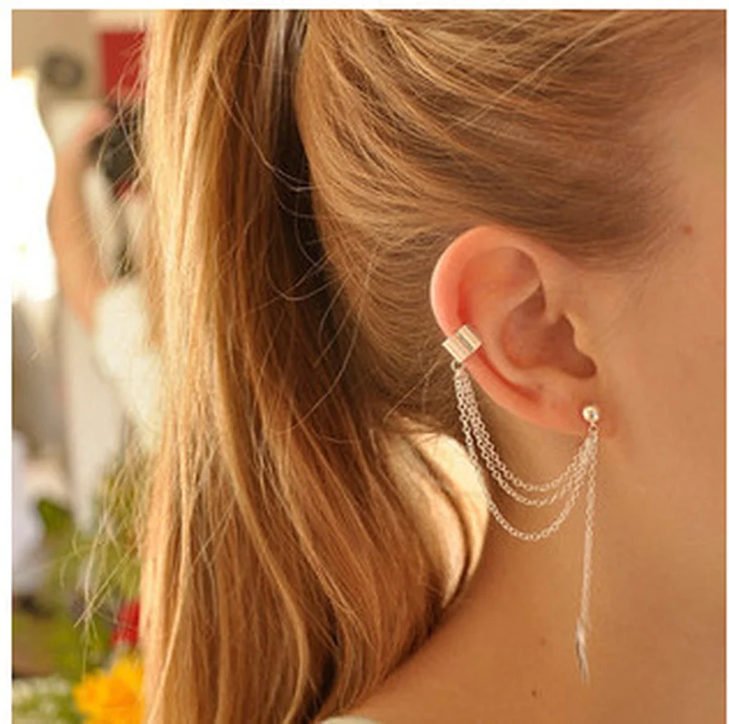 

1pc Fashion Personality Metal Ear Clip Single Leaf Tassel Earrings Cuff Women And Girls Caught In The Ear Ear Cuffs Jewelry