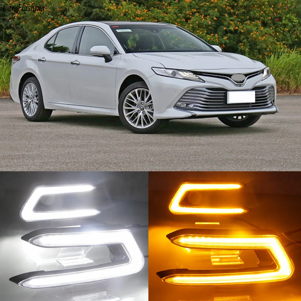 

Car flashing 2PCS LED DRL Daytime Running Light Daylight With Turn Signal 12V ABS Fog Lamp Cover For Toyota Camry 2018 2019