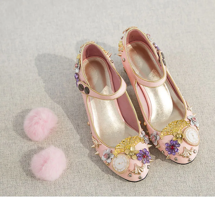 Phoentin Court style mary jane shoes rivet crystal pumps with fur clock decoration gold high heels button closure FT333-1