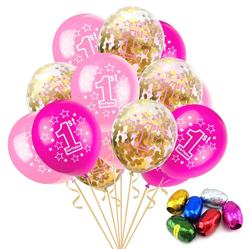 

15pcs Pink Gold Confetti Latex Balloon 1st Happy Birthday Boy Girl Baby Baby Shower Party Decoration Helium Balloons with Gift