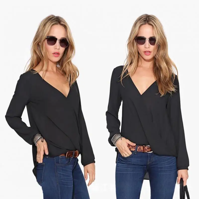 Sexy V Neck Chiffon Blouse Blusas Femininas Women Solid Shirt Autumn Winter ladies Long Sleeve Blous Fashion Top Black/Red/White