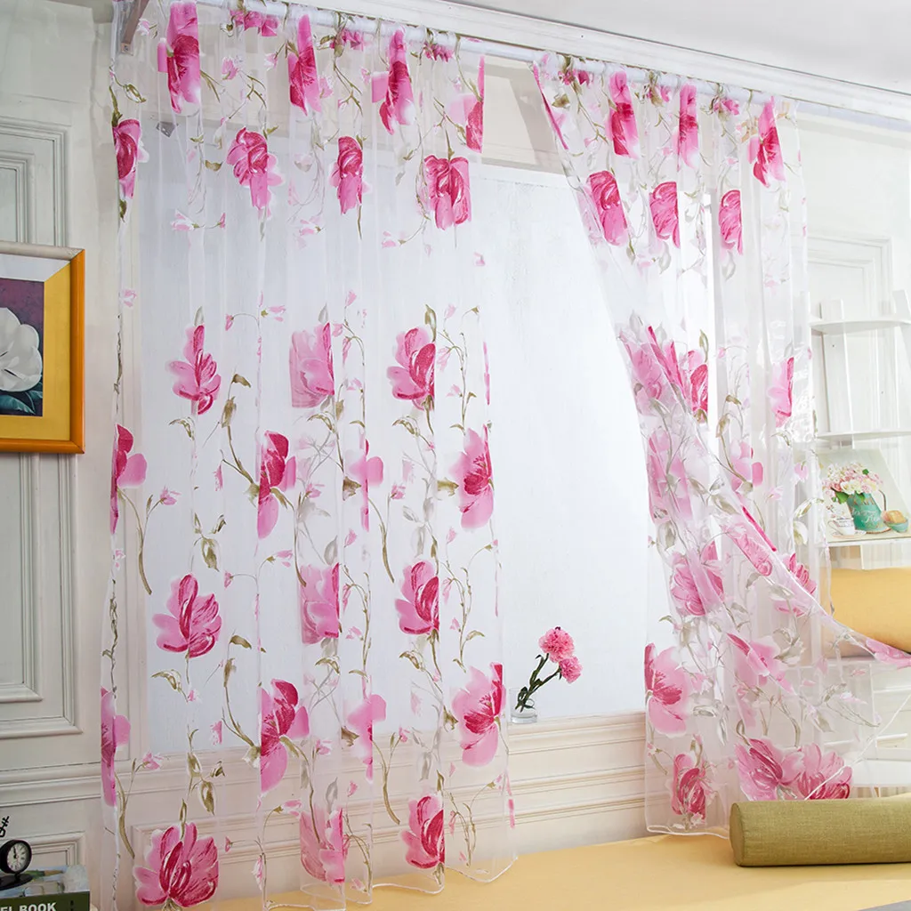 

2019 new 1 PC vine leaf tulle door curtain draped panel tulle ink large flower printing plastic window screen 100x150cm
