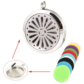 

10pcs 30mm Silver flower Stainless Steel Premium Aromatherapy Essential Oil Daisy Diffuser Necklace With Free chain and Pads
