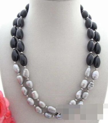 

huij 004052 2Strds Grey Pearl&Onyx Necklace
