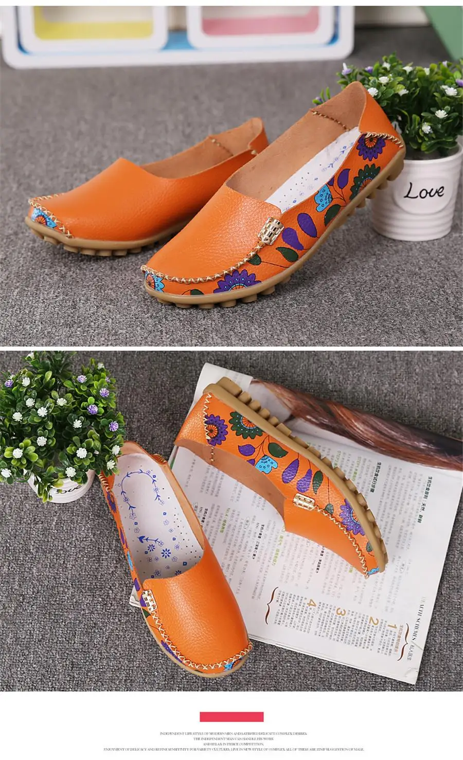 Women Flat Shoes Fashion Ballet Summer Flower Print Women Shoes Genuine Leather Loafers Ladies Shoes Woman Soft Footwear 42