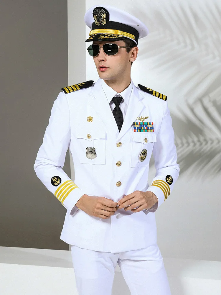 High Quality Men Suirts Military Slim Fit Suit Navy uniform Fashion Brand Stage performance Captain clothing Party costumes
