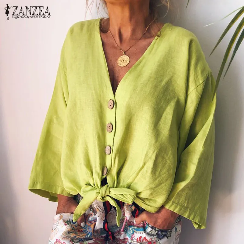 Summer Fashion Blouse ZANZEA Women Long Sleeve Shirt Casual Cotton Linen Tops Sexy V Neck Buttons Down Knot Tunic Plus Size