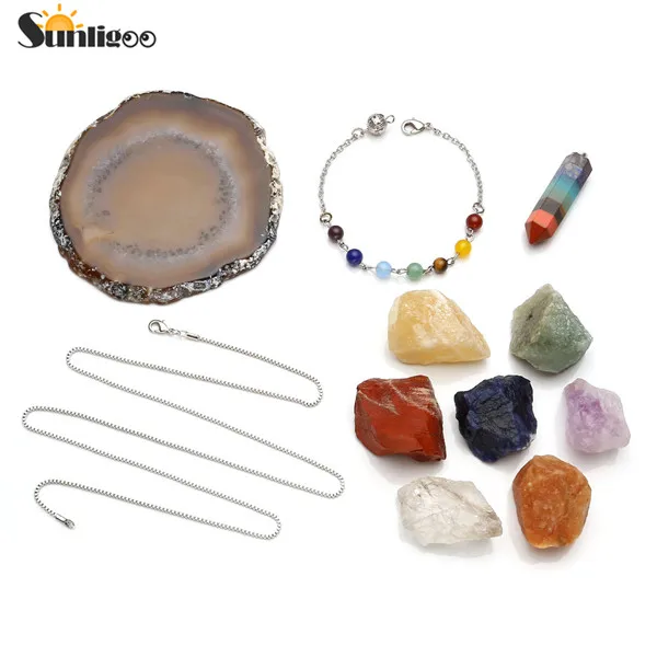 Sunligoo 7 Чакра заживляющие кристаллы натуральный шероховатый сырой камни шестиугольники маятник W/Агат ломтик пундум стенд медитация набор - Цвет: Cone Shape Pendulum