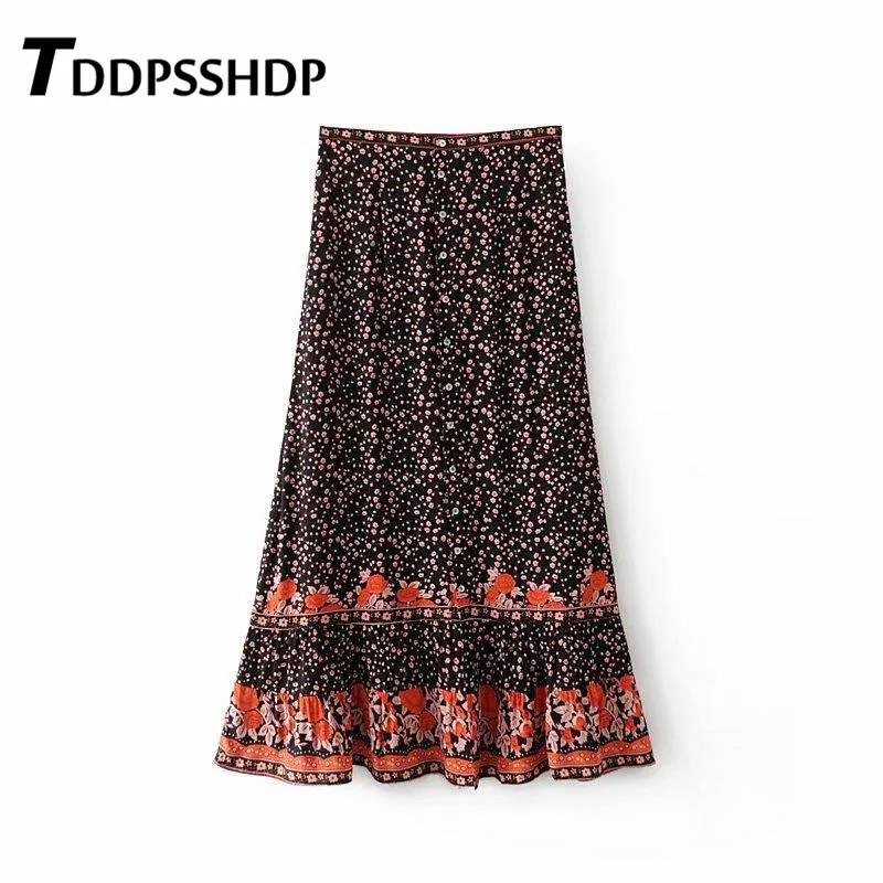 Цветок сливы печати однобортный для женщин юбка 2019, Новая Мода Лето Boho Цветочные Длинные Макси женские юбки