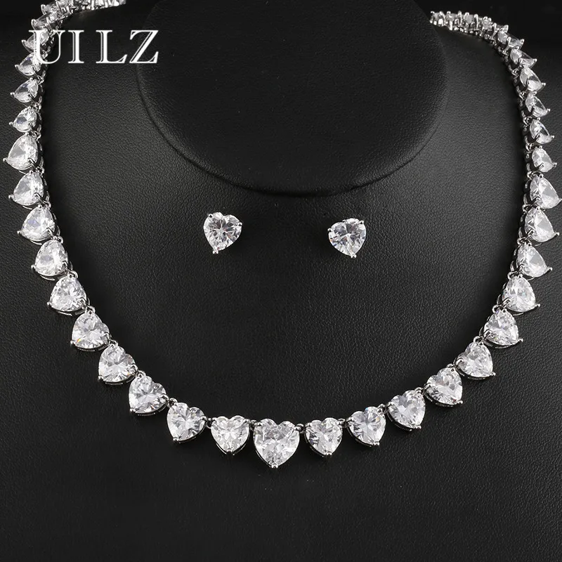 

UILZ Fashion Wedding Jewelry Set Love Heart Cubic Zircon Crystal Earrings Necklace Jewelry Set For Women Girl Dinner Dress US175