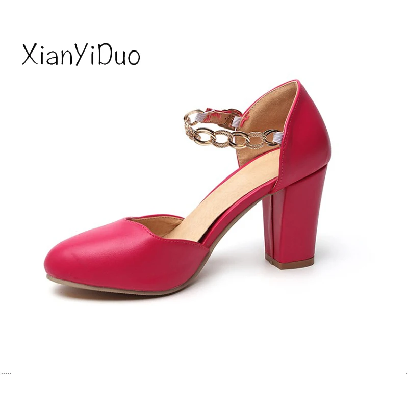 

Xianyiduo 2018 Korea Elegant Summer Women's Shoes high heels Sandals ankle-wrap Metal Decoration Big Size 34-50 Pink/d7051