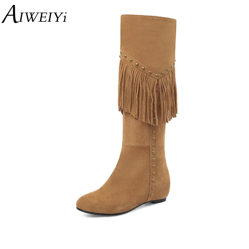 

AIWEIYi Genuine Leather Short Plush Knee High Boots Women Autumn Winter Suede Leather Thigh High Boots Long Boots