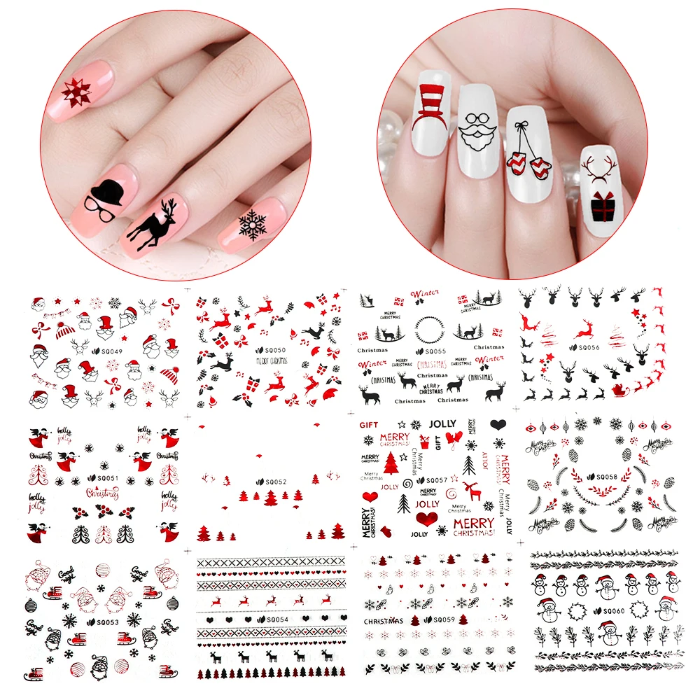 

24 Designs/Set 3D Christmas Nail Stickers Snowflake Transfer Decals Nail Art Decoration Cartoon Snowman Elk Manicure Tips UV Gel