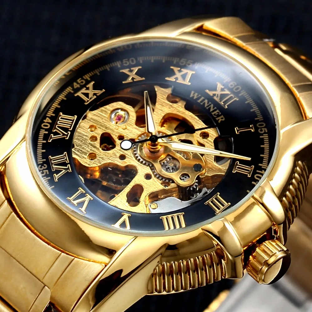 2017 Luxury Brand Watches Men Automatic Self-Wind Fashion Casual Male Sports Watch Full Steel Gold Skeleton Wristwatches men luxury brand casual gold full steel band skeleton automatic self wind mechanical hand wind goden relogio for man wrist watch