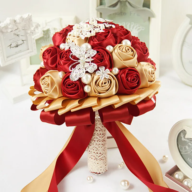 Custom High Quality Gold Champagne Bridal Bouquet Wine Red Wedding ...