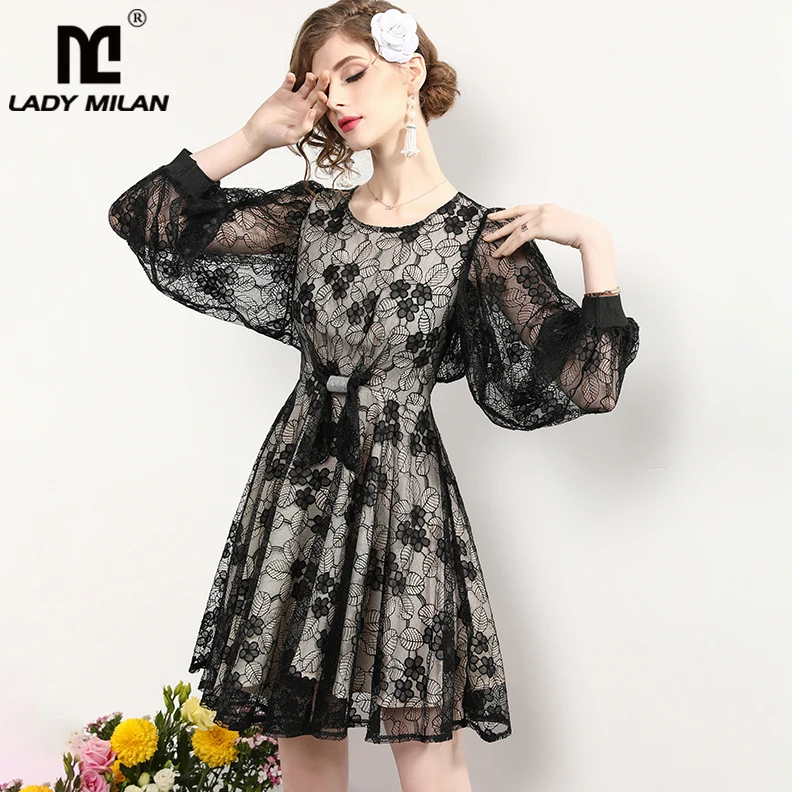 

2019 Women's Runway Dresses O Neck Lantern Sleeves Embroidery Lace Bow Detailing High Street Fashion Casual Dresses