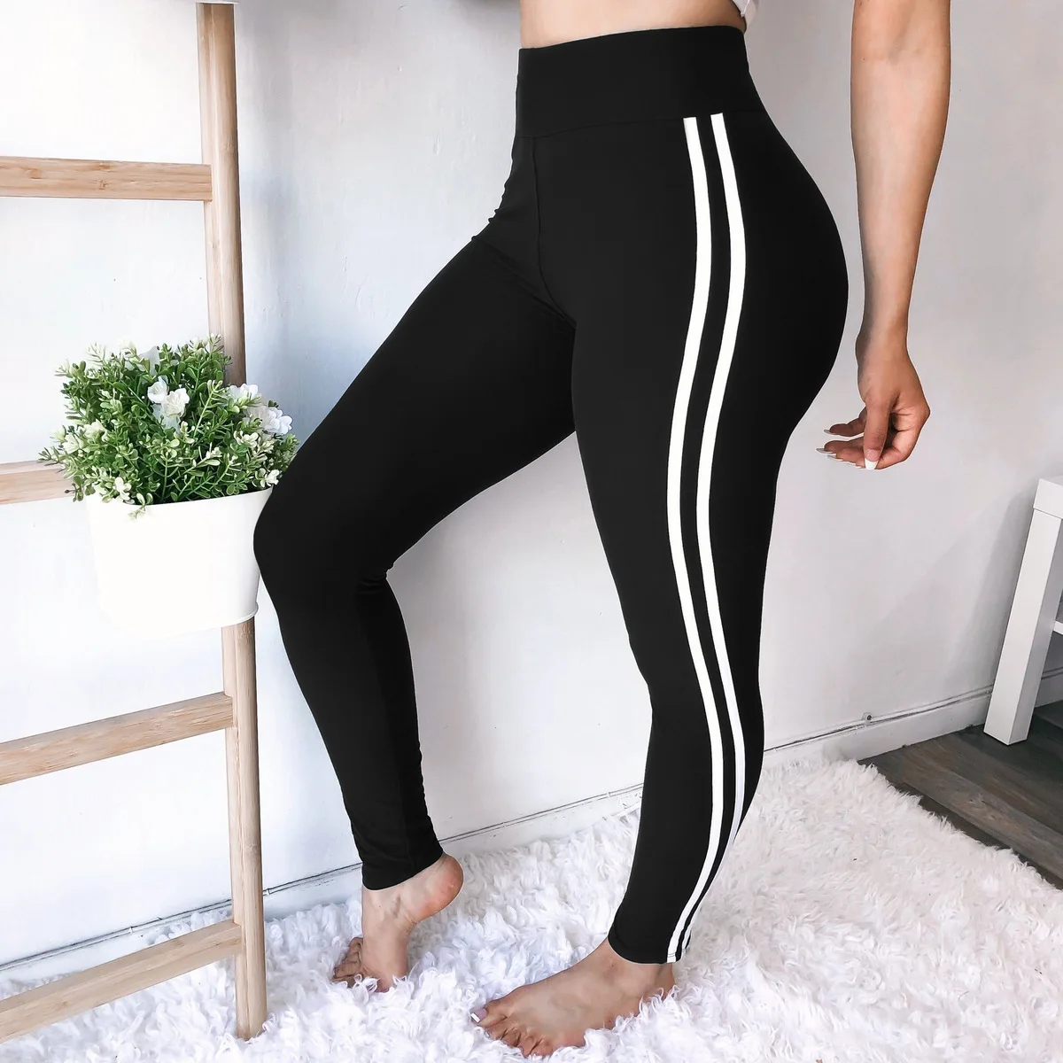 

VITIANA Women Elastic High Waist Casual Pants Female 2018 Autumn Black White Striped Streetwear Pencil Slim Straight Trousers