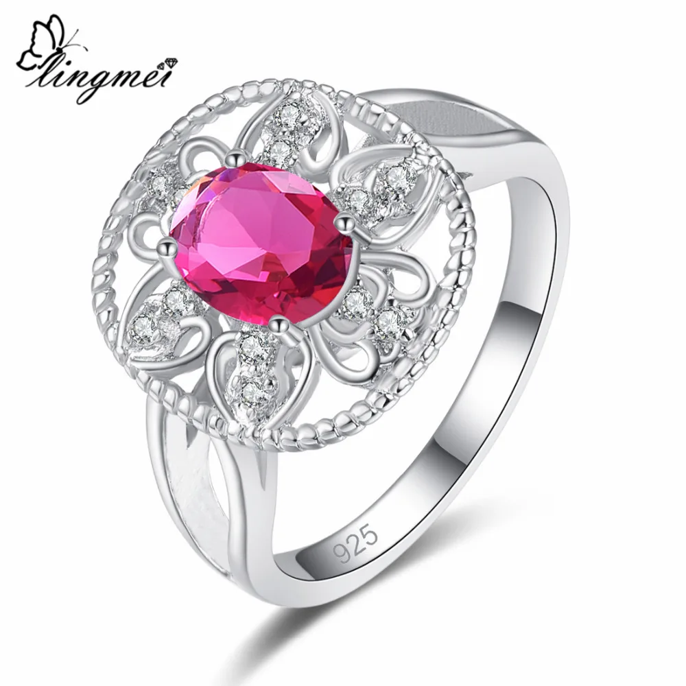 

Lingmei New Arrival Cluster Flower Style Red & Sea blue CZ Silver 925 Ring Size 6 7 8 9 Jewelry For Women Engagement Bridal Ring