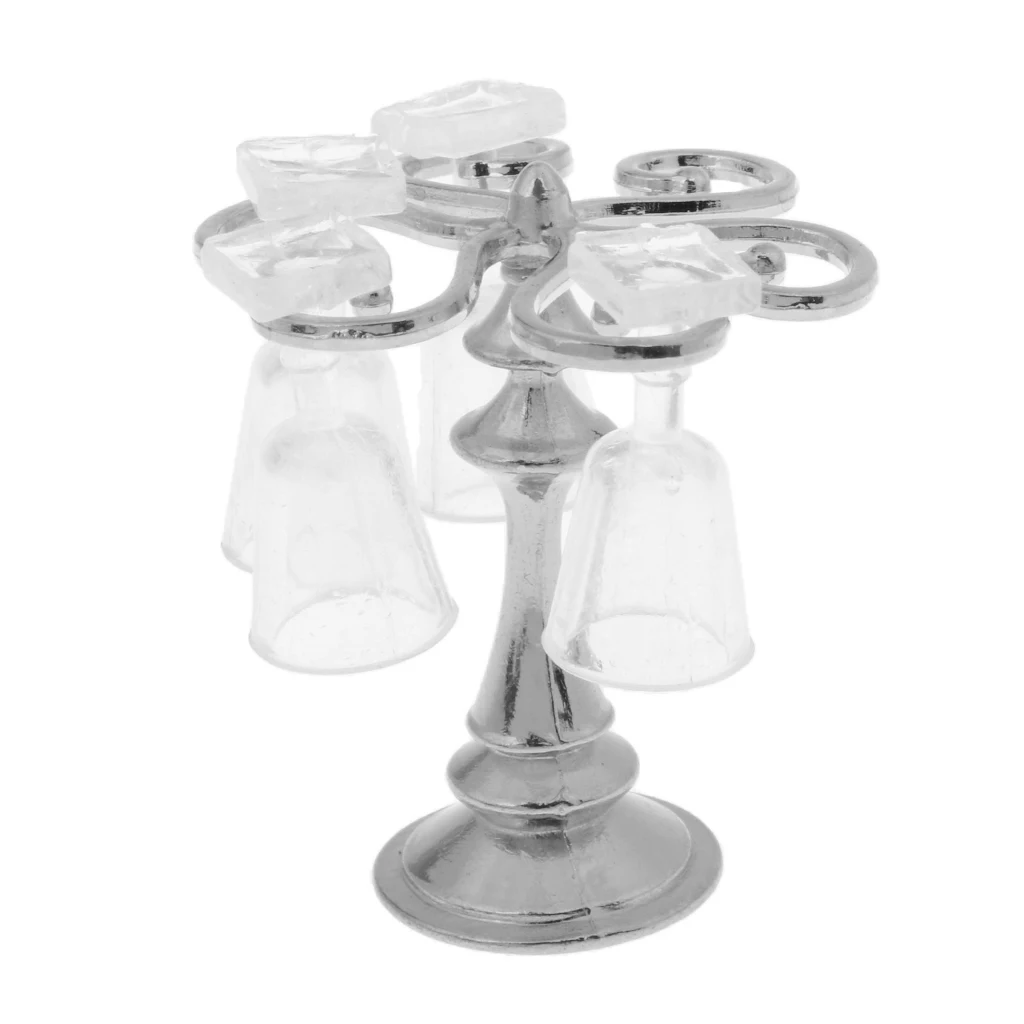 1/12 Dollhouse Miniature Bar Life Scenes Decor  - Silver Glass Wine Cup Holder & 4 Pieces Goblet Kits Kids Pretend Play Toy