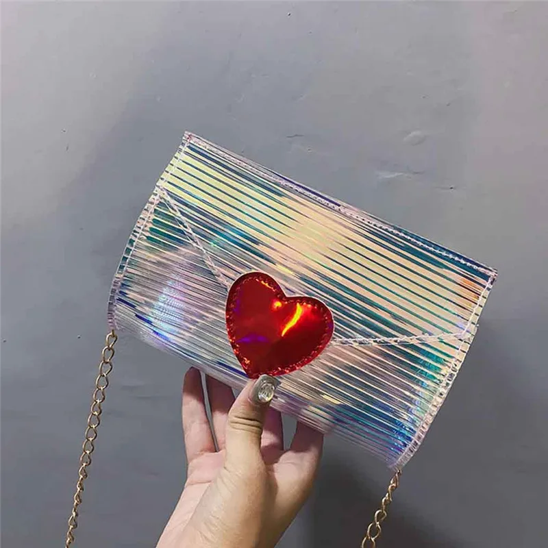 

2018 New Brand Women 's Handbags Heart Laser Korean Style Bags Transparent Shoulder Bags Jelly Candy Chain Clear Women Bag #40