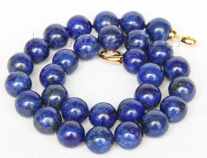 

natural 17" 14mm round lapis lazuli necklace filled gold clasp j9735